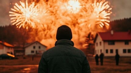 Poster - Man watching fireworks exploding in small town on new year's eve