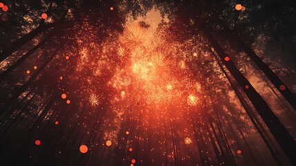 Wall Mural - golden and red fireworks lighting up a forest edge