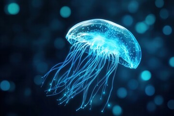 Poster - A glowing blue jellyfish floats gracefully in a dark, ethereal underwater scene, surrounded by shimmering particles.