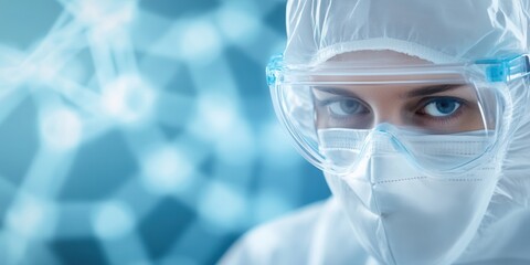 Poster - A close-up of a scientist in protective gear with goggles, focusing on research in a lab, conveying a sense of safety and precision in scientific work.