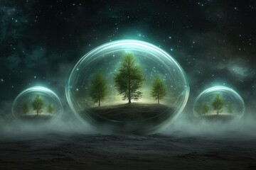 Aufkleber - A surreal landscape featuring three glowing orbs, each containing a lush tree, set against a misty, starry background.