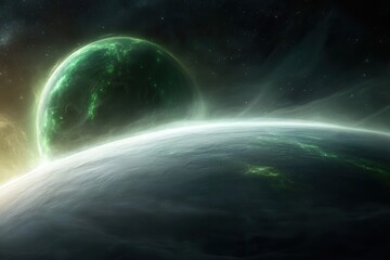 Poster - A stunning cosmic scene depicting a green planet looming over a serene, illuminated horizon, set against a backdrop of deep space.