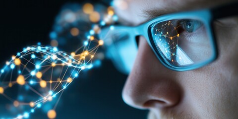 Aufkleber - A close-up of a person's eye wearing glasses, with a digital representation of interconnected data points and networks reflected in the lenses.