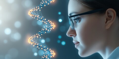 Poster - A thoughtful woman in glasses gazes at a glowing DNA strand, symbolizing the intersection of science and innovation.