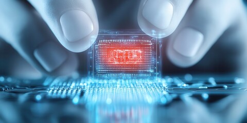 Poster - A hand interacts with a digital chip, displaying a glowing red warning, symbolizing cybersecurity or technology challenges.