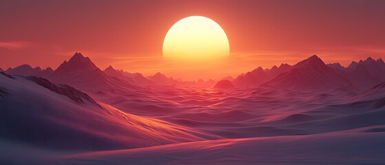 Poster - Majestic Sunset over Serene Mountain Landscape with Vibrant Colors Illuminating the Snow-Capped Peaks and Tranquil Valley below, Creating a Dreamy Atmosphere