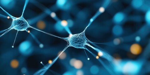 Poster - A close-up view of neurons illuminated in blue, showcasing interconnections and synapses in a digital or scientific style.