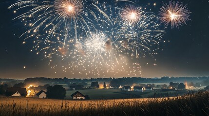 Wall Mural - starburst fireworks in a clear night sky over a small village