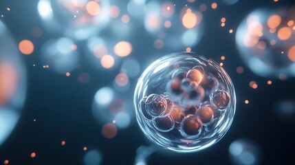 Poster - A close-up view of a cell with glowing particles, representing biological processes at the microscopic level.