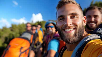 Wall Mural - Smiling friends hike together on a sunny day, capturing the thrill of adventure and bonding in nature, with backpacks and mountains visible in the background.