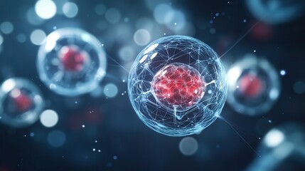 Poster - A close-up image of glowing biological cells in a dark environment, depicting intricate structures and red cores, illustrating cellular complexity.