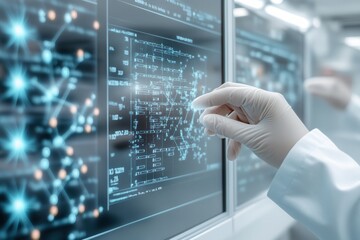 Poster - A researcher in a lab interacts with digital screens displaying complex data and graphics, emphasizing technology and innovation in scientific study.