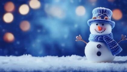 Poster - Adorable Snowman with Blue Knit Hat and Scarf in a Winter Wonderland Setting, Surrounded by Soft Snow and Warm Bokeh Lights, Perfect for Christmas, Winter Holidays, and Festive Decorations