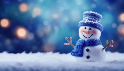 Poster - Adorable Snowman with Blue Knit Hat and Scarf in a Winter Wonderland Setting, Surrounded by Soft Snow and Warm Bokeh Lights, Perfect for Christmas, Winter Holidays, and Festive Decorations