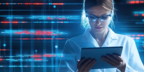Aufkleber - A focused scientist analyzes data on a tablet, illuminated by vibrant digital graphics, depicting advanced research and technology.