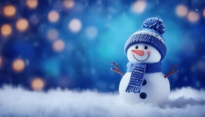 Poster - Adorable Snowman with Blue Knit Hat and Scarf in a Winter Wonderland Setting, Surrounded by Soft Snow and Warm Bokeh Lights, Perfect for Christmas, Winter Holidays, and Festive Decorations
