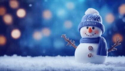 Poster - Adorable Snowman with Blue Knit Hat and Scarf in a Winter Wonderland Setting, Surrounded by Soft Snow and Warm Bokeh Lights, Perfect for Christmas, Winter Holidays, and Festive Decorations