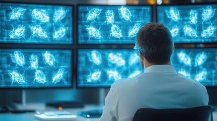 Aufkleber - A researcher analyzes multiple digital displays showing complex neural patterns, focused on understanding brain activity and functions.