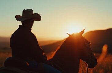 Poster - Close-up shot of a cowboy silhouette on a horse against a sunset backdrop, his back to the camera, with golden hour lighting, warm tones and a majestic and adventurous feel, in a Western style.