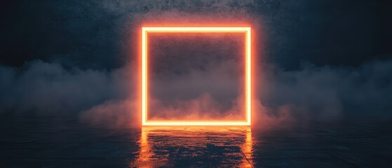 Poster - A glowing neon square frame over a dark, foggy water surface creates a surreal atmosphere.