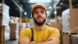 © LifeMedia - A young, friendly warehouse worker stands confidently among tall stacks of boxes. Wearing a hard hat and uniform, he portrays dedication and focus in his role.