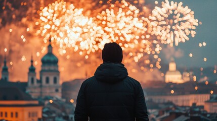 Poster - Tourist watching fireworks exploding over european city center on new year's eve