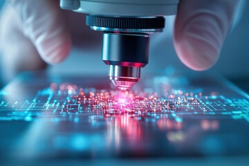 Aufkleber - A close-up of a microscope lens focusing on a circuit board, showcasing intricate details and glowing elements, highlighting technology and innovation.