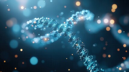 Poster - A vibrant, abstract representation of a DNA strand illuminated by sparkling particles against a dark blue background.