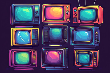 Poster - A colorful arrangement of retro televisions in a grid pattern.