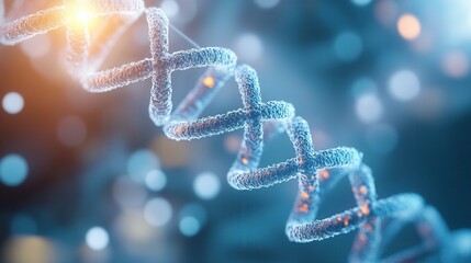 Poster - A close-up of a DNA double helix structure, featuring a glowing effect and a blurred blue background, symbolizing genetics and molecular biology.