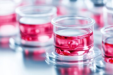 Aufkleber - Close-up of petri dishes filled with vibrant pink liquid, showcasing a laboratory setting and scientific experimentation.
