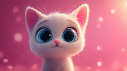 Wall Mural - Adorable white cartoon kitten with big blue eyes and a pink dreamy background with copy space