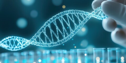 Poster - A hand holds a glowing DNA strand above test tubes, symbolizing genetic research and scientific innovation in a laboratory setting.