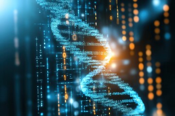 Aufkleber - A vibrant digital representation of a DNA double helix, surrounded by glowing binary code and bright particles, symbolizing genetics and technology.