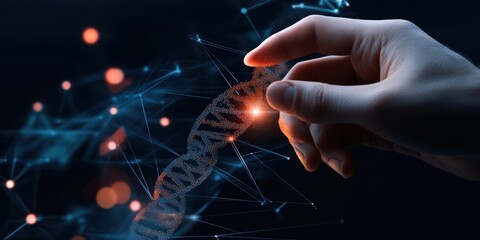 Poster - human hand interacting with dna in a futuristic lab digital art technology environment close-up view