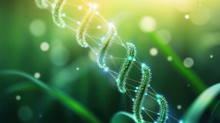 Fototapete - A vibrant, abstract depiction of a DNA double helix, illuminated by soft light against a lush green background, representing life and genetic science.