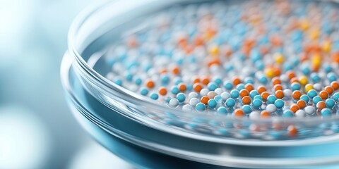 Poster - A close-up of a petri dish filled with colorful spherical beads, showcasing vibrant blue, orange, and white particles against a soft-focus background.