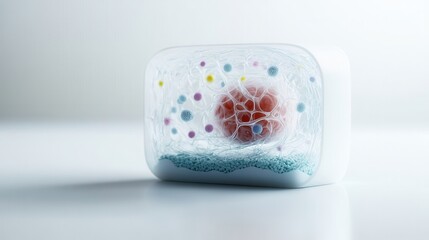 Poster - A translucent cube contains a vibrant, microscopic cell surrounded by colorful particles, showcasing the intricacies of cellular biology in a modern design.