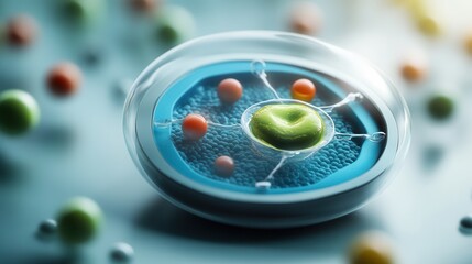 Poster - A colorful, microscopic view of a cell with vibrant organelles and surrounding particles, highlighting the complexity of cellular structures.