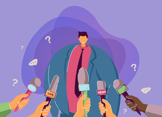 Poster - Cartoon guy giving interview to press and television. Flat vector illustration. Man of public interest sharing his opinion or comment with reporters, standing in front of mics. News, interview concept