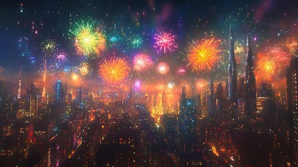 Wall Mural - city skyline illuminated by colorful fireworks at night