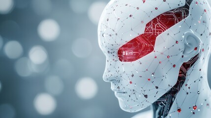 Poster - A futuristic humanoid robot with a sleek design and glowing red accents, set against a blurred background, symbolizes advanced technology and artificial intelligence.