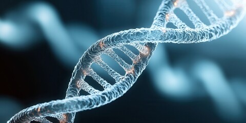 Poster - A close-up view of a DNA double helix structure, showcasing its intricate design and molecular details in a blue-toned background.