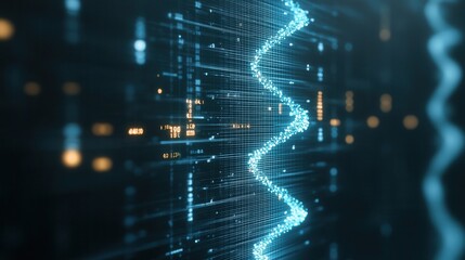 Aufkleber - A futuristic digital landscape with glowing blue lines and data patterns, representing technology and innovation.