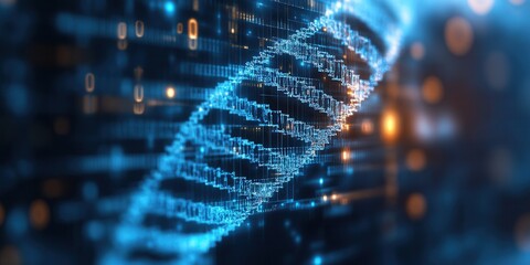 Poster - A close-up view of a digital DNA strand, showcasing intricate blue patterns and glowing elements, symbolizing biotechnology and genetic research.
