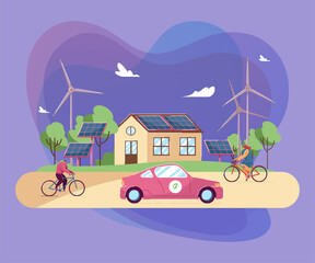 Poster - People on bikes in front of house with solar panels on roof. Windmills, eco-friendly car in village flat vector illustration. Sustainable energy, smart technology concept for banner, website design