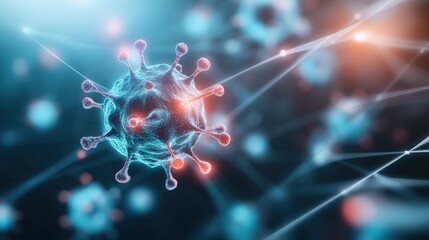 Poster - A detailed close-up of a virus, showcasing its structure with shimmering colors and intricate designs, representing the complexity of viral biology.