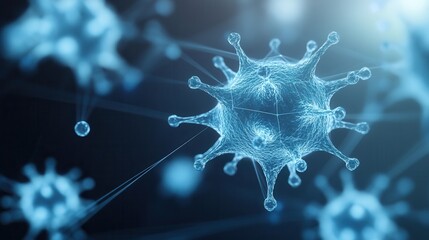 Poster - A detailed digital illustration of a virus, showcasing its structure with spikes, set against a blurred blue background, symbolizing microbiology and disease.