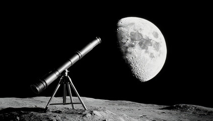 Wall Mural - a telescope is pointed at the moon. the moon is in the background. the telescope is on a tripod