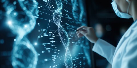 Aufkleber - A healthcare professional analyzes a digital DNA model on a screen, representing advanced biotechnology and genetic research.